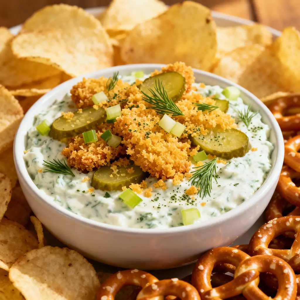 Bowl of Crispy Fried Pickle Ranch Dip topped with golden panko crumbs, fresh dill, and chopped pickles, surrounded by chips and pretzels for dipping.