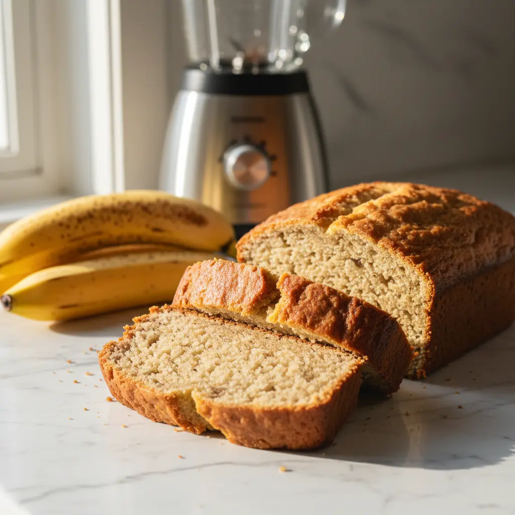 Sliced blender banana bread loaf showing moist texture on marble surface with fresh bananas and blender