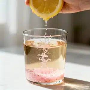 making a homemade hydration drink with pink salt and lemon