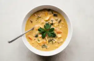 Bowl of creamy vegetable soup garnished with fresh parsley on neutral surface.