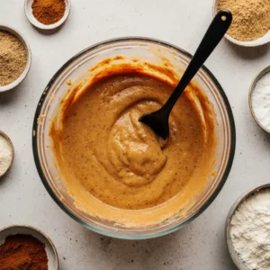 Mixing bowl with pumpkin bread batter being folded with a spatula