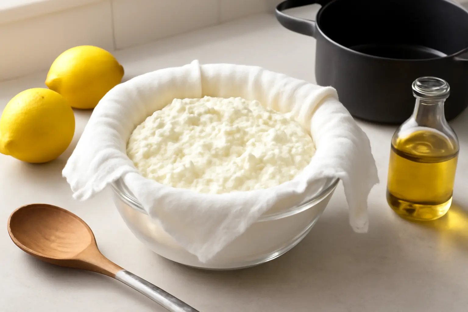 Close-up of fresh homemade ricotta cheese draining in white cheesecloth over a glass bowl in a modern kitchen, surrounded by fresh lemons, a stainless steel wooden spoon, olive oil, and cracked black pepper.