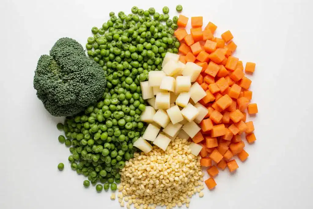 Fresh-Ingredients-for-Creamy-Vegetable-Soup Freshly diced potatoes, carrots, celery, onion, green beans, peas, and corn arranged on white background.