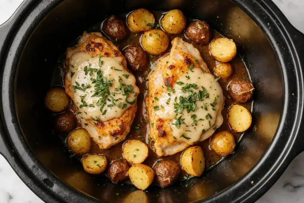 Garlic Parmesan Crockpot Chicken and Potatoes in slow cooker with melted cheese