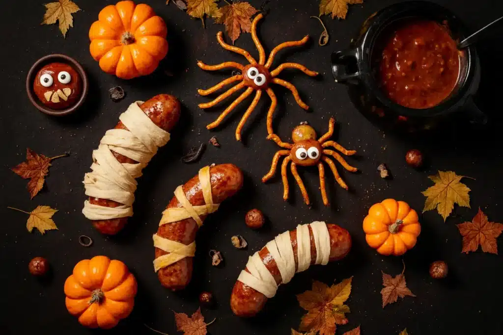 Halloween sausage ideas spread featuring mummy dogs, finger sausages, spider bites and pumpkin balls on spooky table setting
