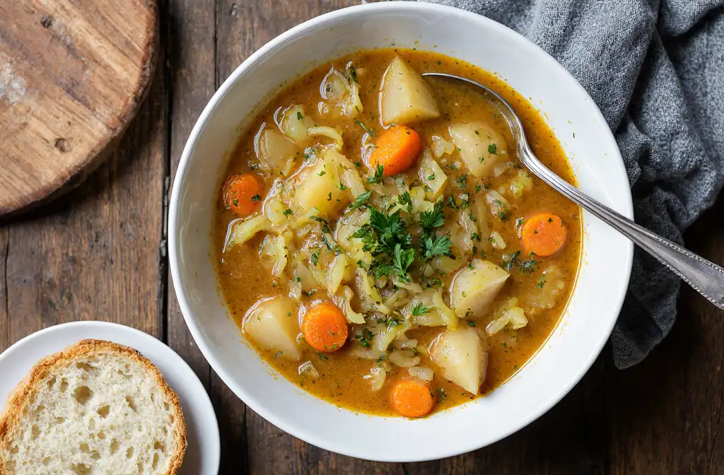 Hearty cabbage soup with vegetables and fresh parsley served in a rustic bowl.
