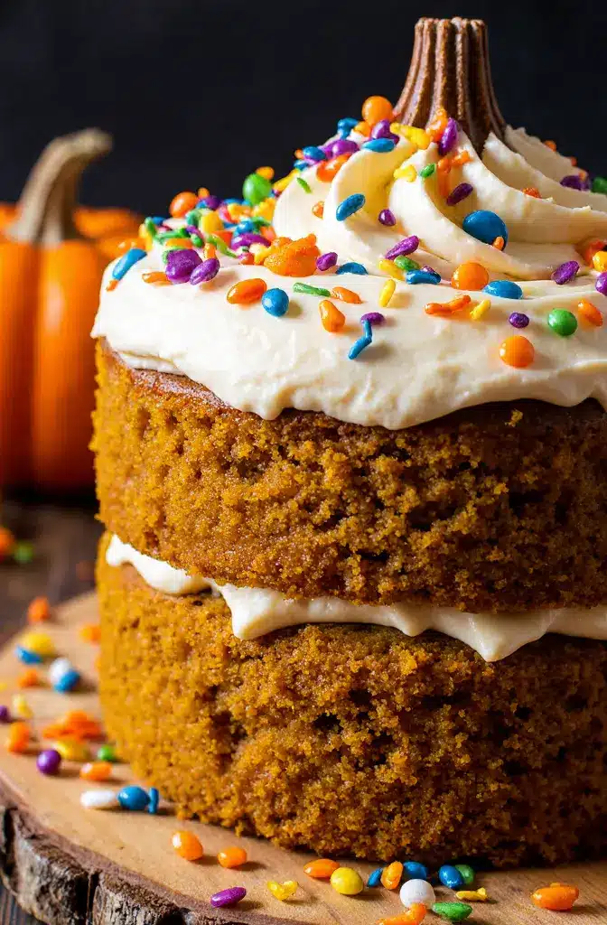 Homemade Halloween pumpkin cake close-up with cream cheese frosting and sprinkles.