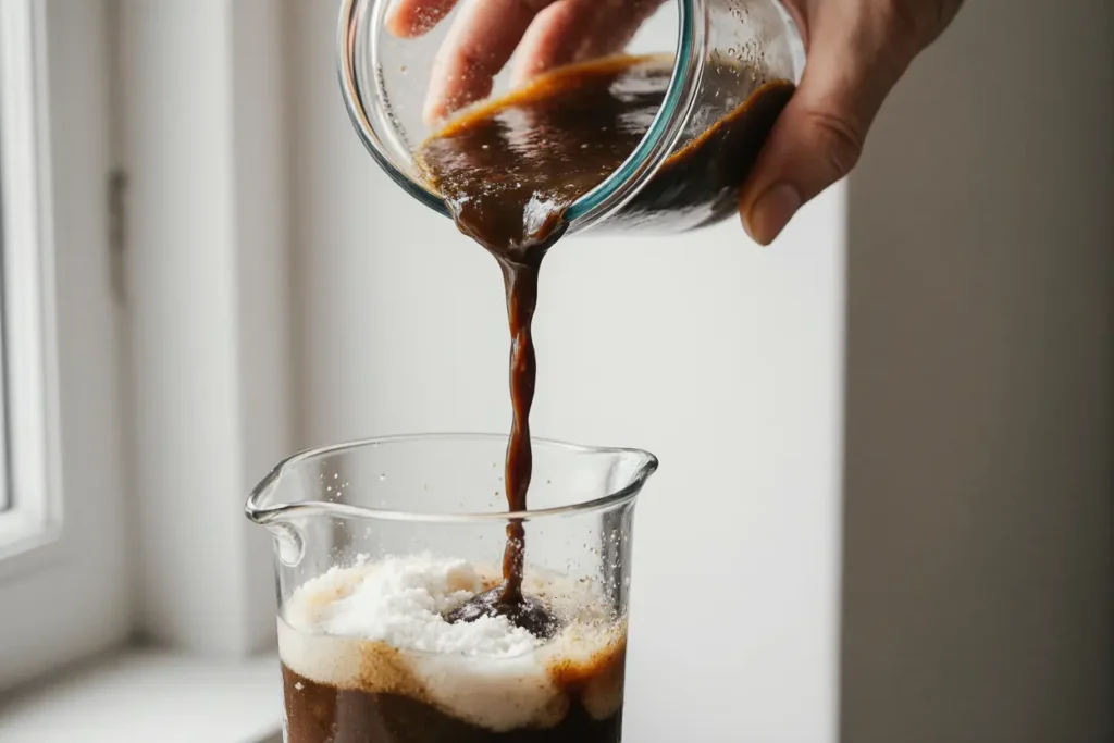 Homemade Proffee Preparation Pouring coffee into protein shaker, homemade style