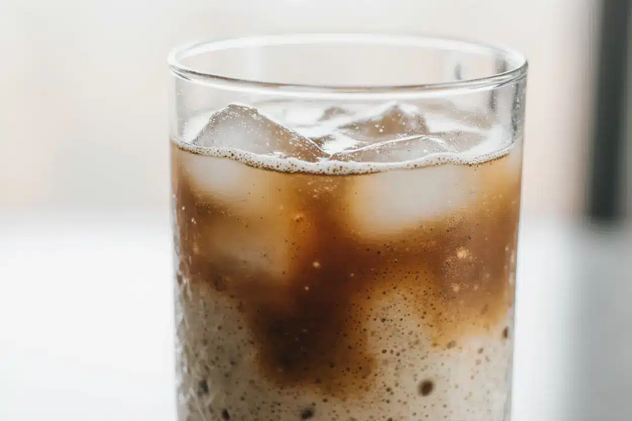 Close-up of homemade iced Proffee with frothy protein