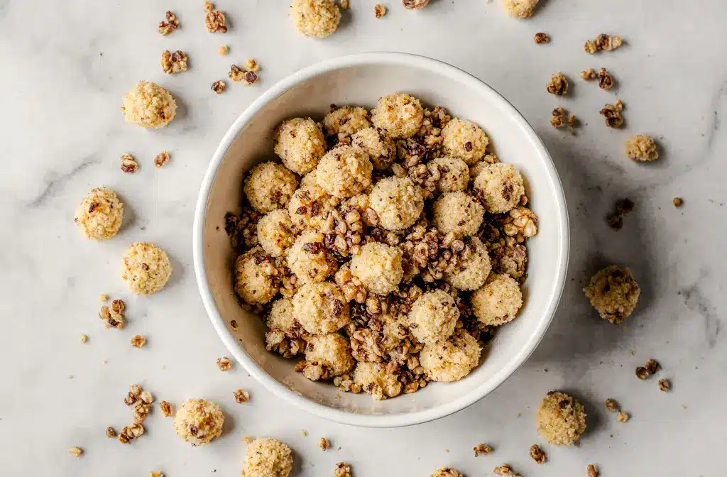 Fresh homemade puffed quinoa in white ceramic bowl on marble countertop