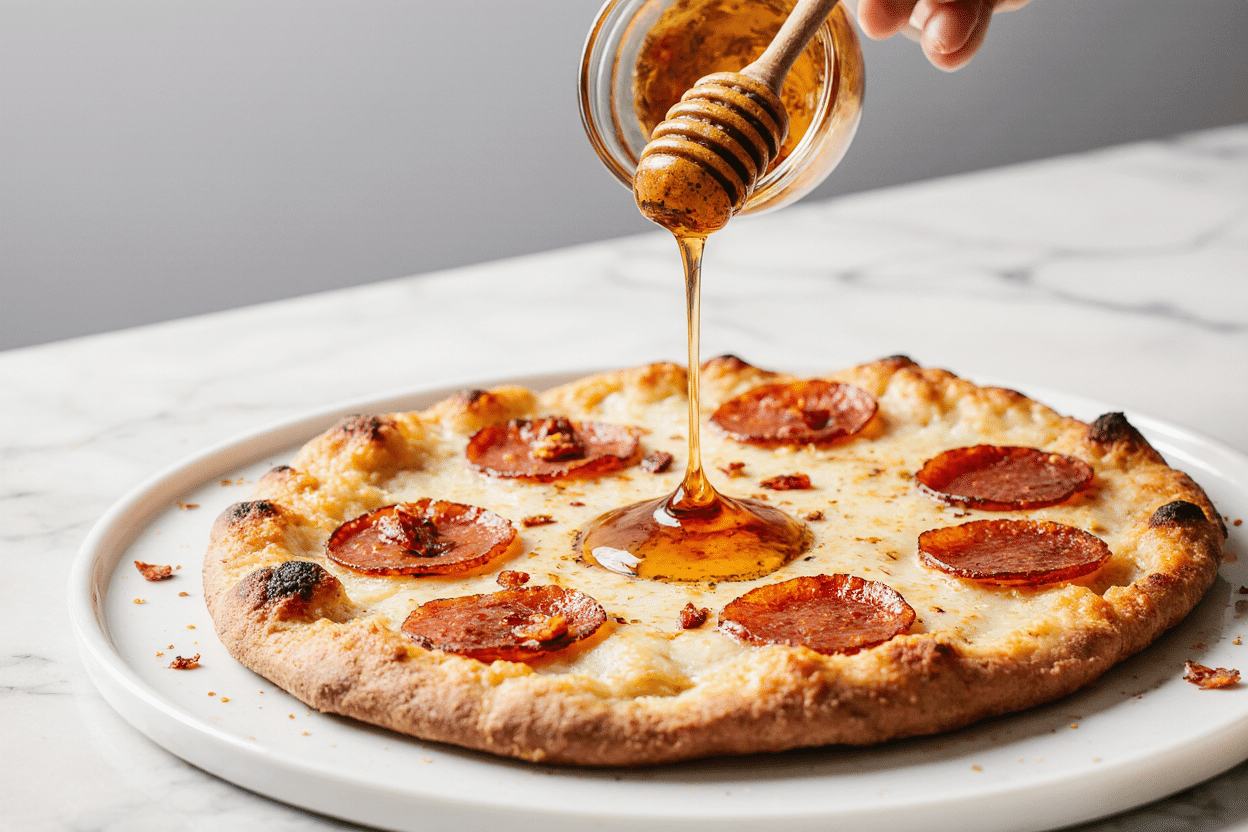 hot honey recipe drizzled over pepperoni pizza slice