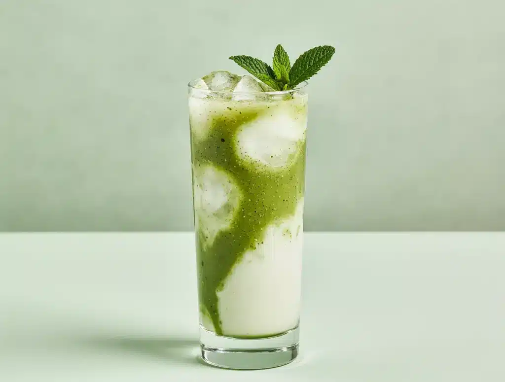 A tall glass of an iced matcha latte, a popular variation of the classic matcha tea recipe, made with oat milk.