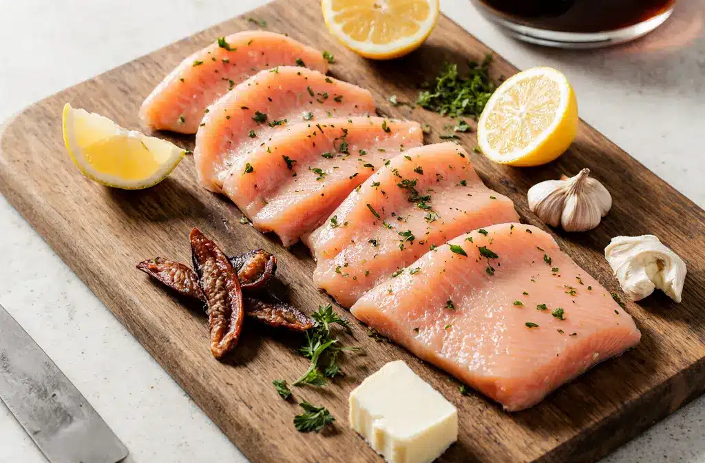 Ingredients for Anchovy-Garlic Butter Salmon Fresh salmon fillets, anchovy fillets, garlic cloves, butter, lemon, and parsley ready for cooking