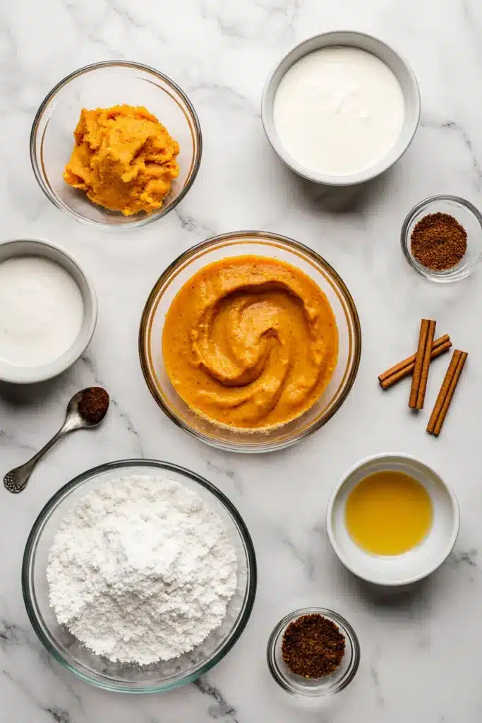 Ingredients-for-Soft-Pumpkin-Bars Ingredients for soft pumpkin bars, including pumpkin puree, sour cream, and spices, arranged on a marble surface.