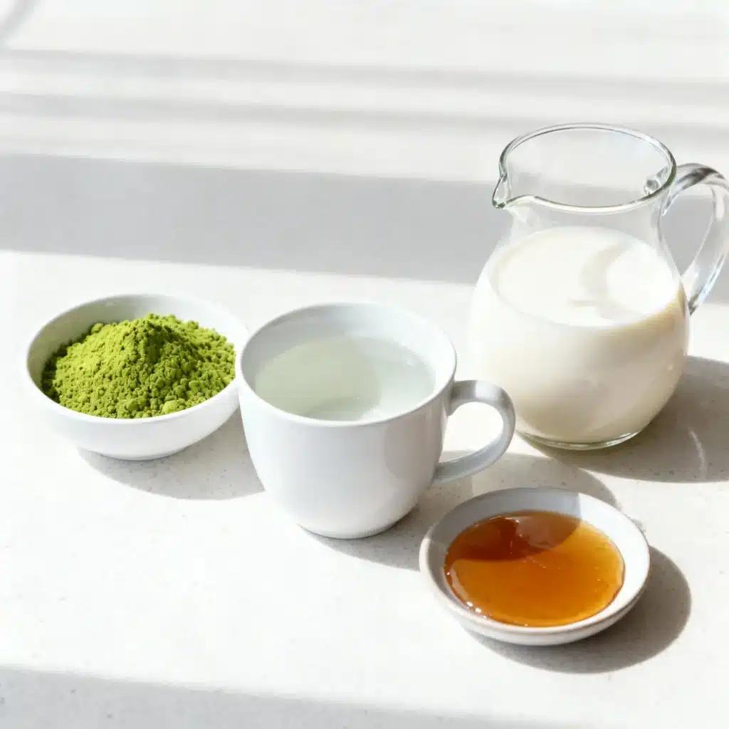 Modern flat lay photo of the ingredients for the perfect matcha tea recipe: vibrant green matcha powder in a small white bowl, white ceramic cup with hot water, glass jug of oat milk, and small dish of maple syrup on a light-colored countertop.