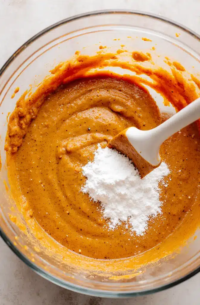 Mixing-Pumpkin-Bar-Batter Folding dry ingredients into the wet batter for soft pumpkin bars in a glass bowl.