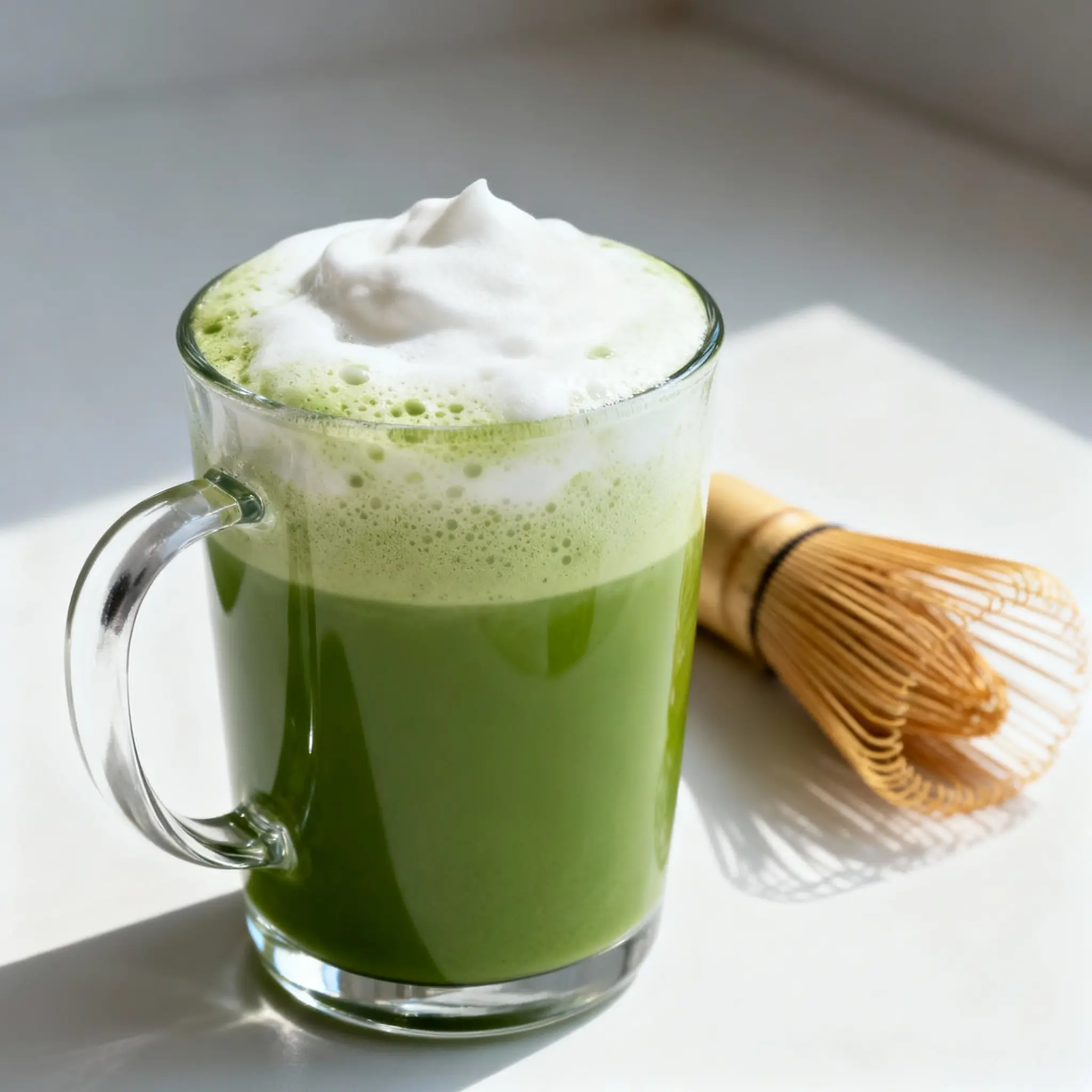Modern frothy matcha tea recipe served in a sleek clear glass mug with creamy foam on top, paired with a small dish of maple syrup and a glass jug of oat milk, minimalistic and vibrant presentation.