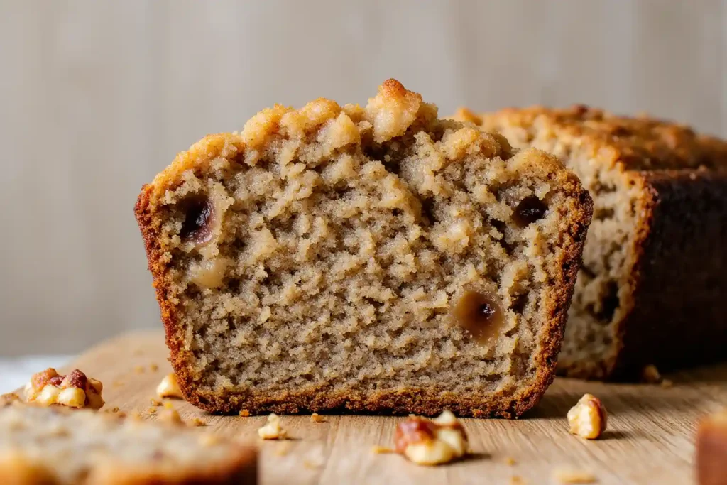 moist banana bread slice with banana and nuts