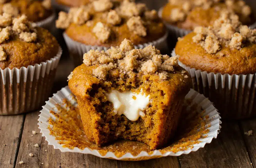 Close-up of moist pumpkin muffins with visible pumpkin spice and cream cheese filling, arranged on a rustic wooden table.