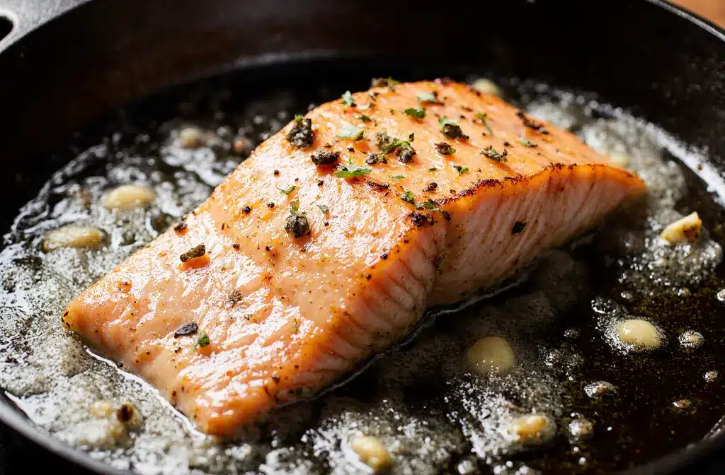 Pan-Searing Salmon in Anchovy-Garlic Butter Salmon fillet being pan-seared in a skillet with melting anchovy-garlic compound butter
