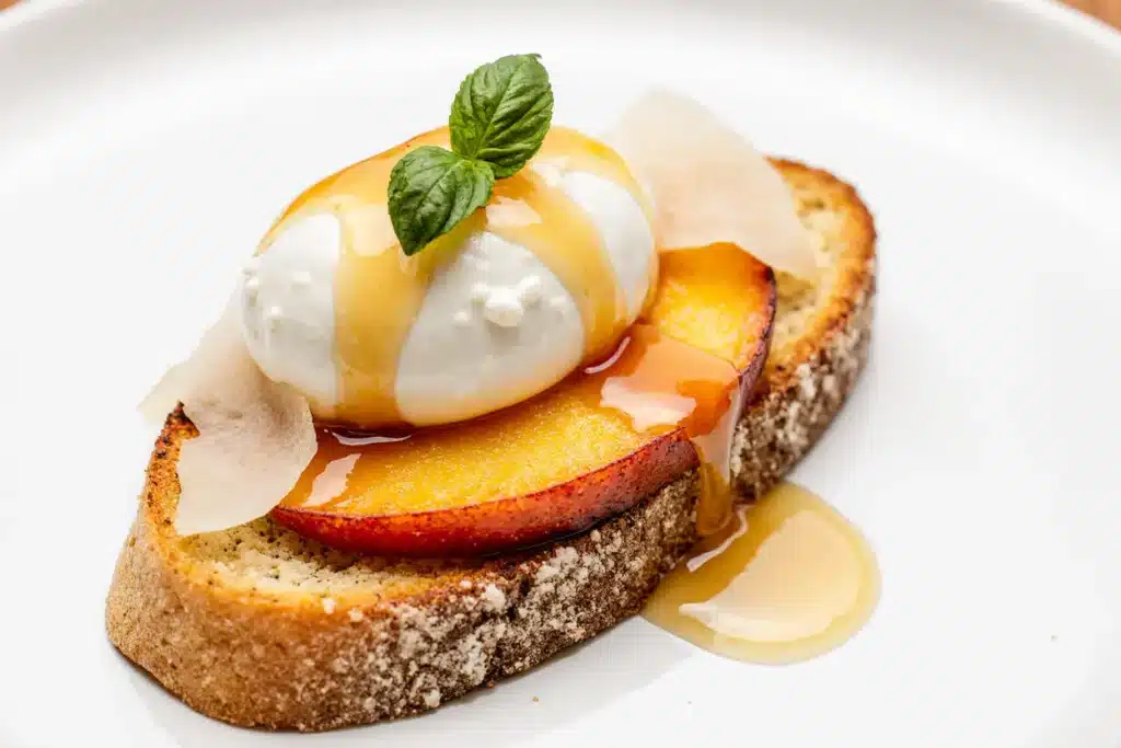 Extreme close-up of a peach burrata crostini with hot honey on a pure white background, showcasing the creamy cheese and glossy drizzle.