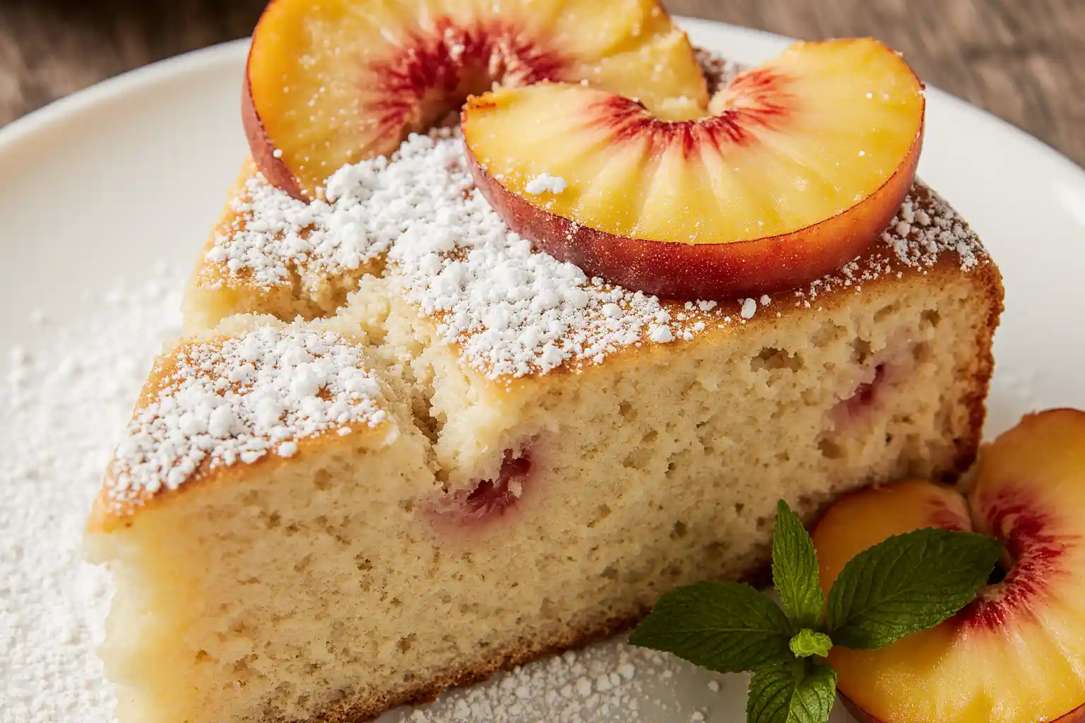 moist peach ricotta cake slice with fresh peaches and powdered sugar on a rustic plate.