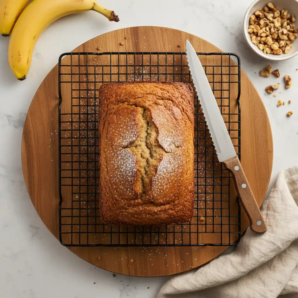 Perfect Blender Banana Bread - Golden Loaf Fresh from Oven Freshly baked blender banana bread loaf with golden crust cooling on wire rack