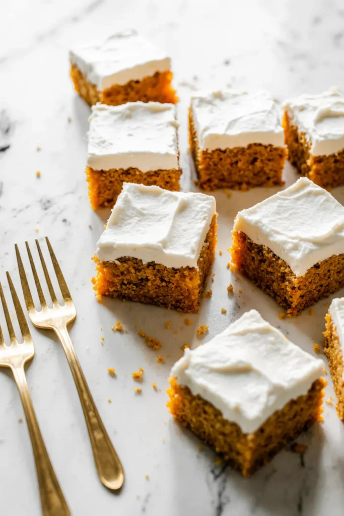 Modern pumpkin bars with cream cheese frosting on a marble background with gold dessert forks