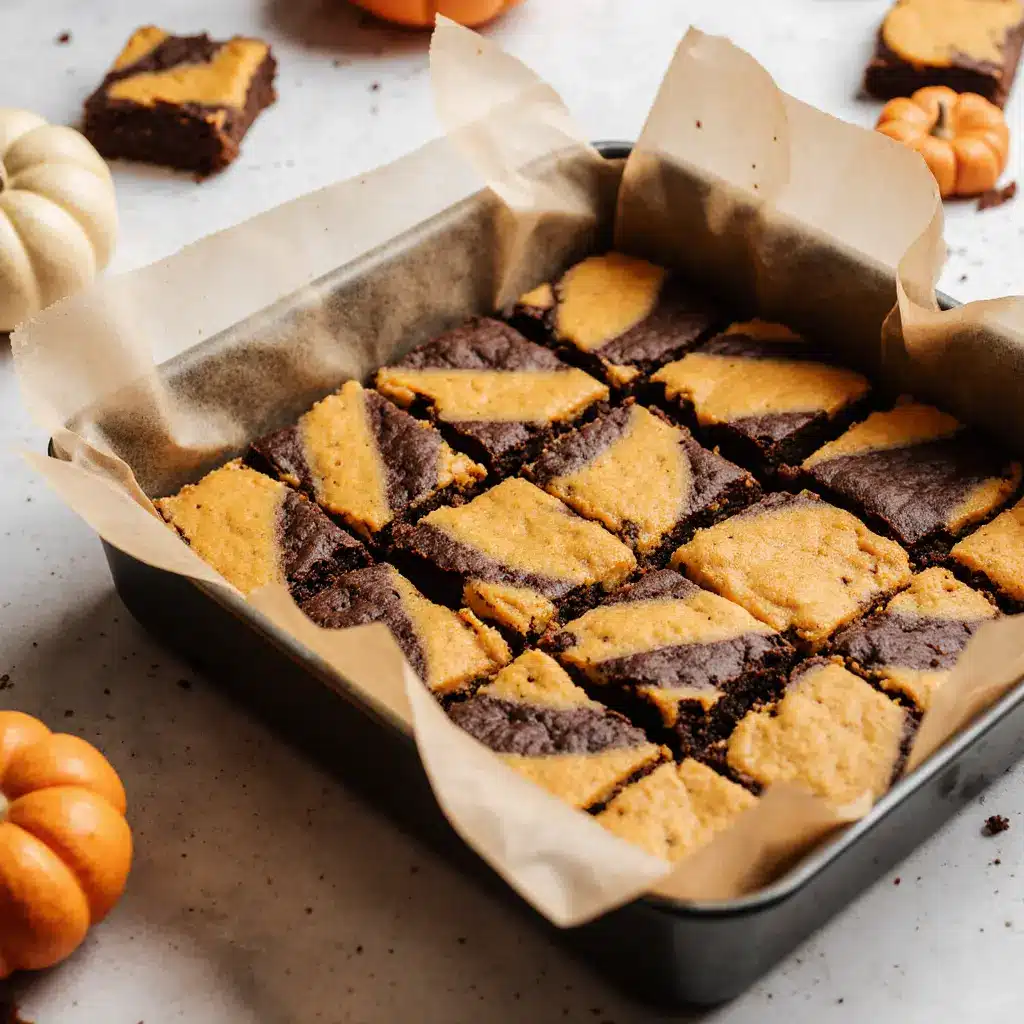 marbled pumpkin swirl brownies in a parchment-lined pan with distinct chocolate and pumpkin ribbons