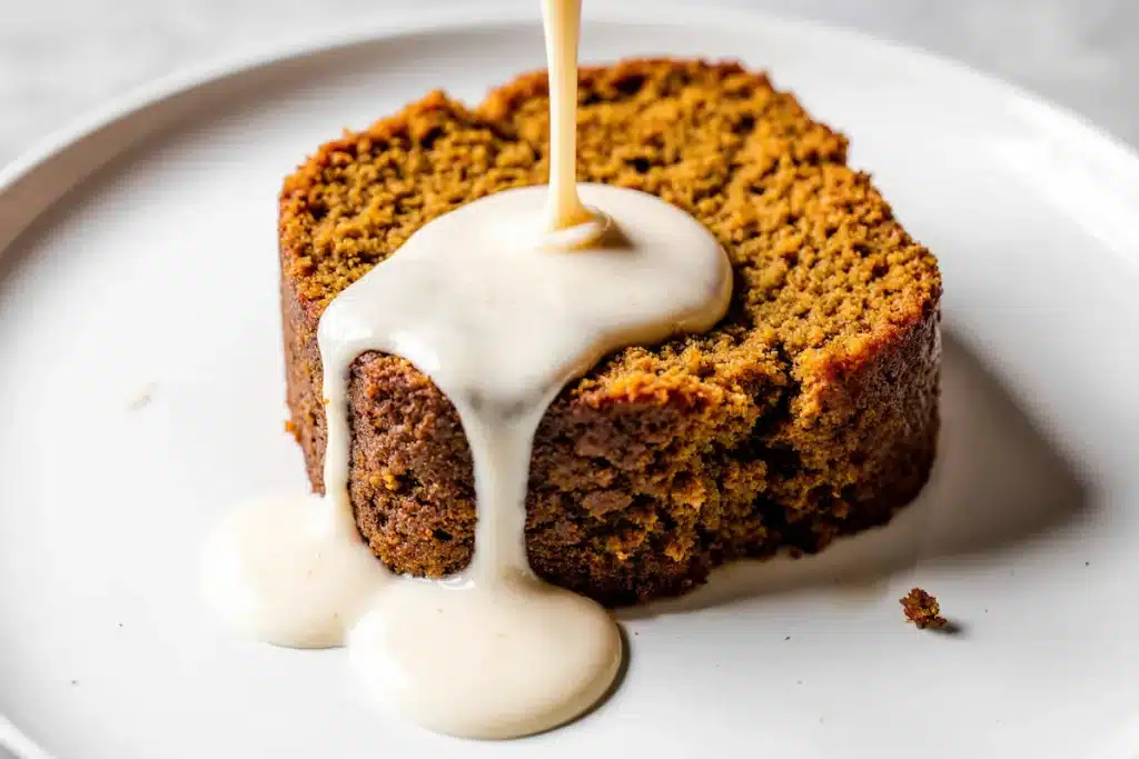 Pumpkin Coffee Cake Slice with Glaze slice of pumpkin coffee cake with vanilla glaze