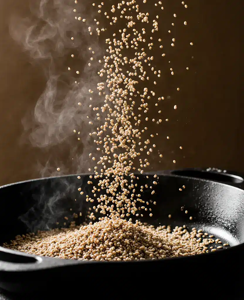Quinoa Popping Process Quinoa grains popping and puffing in hot cast iron skillet during cooking process