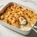 Golden Ritz Cracker Chicken Casserole in ceramic dish
