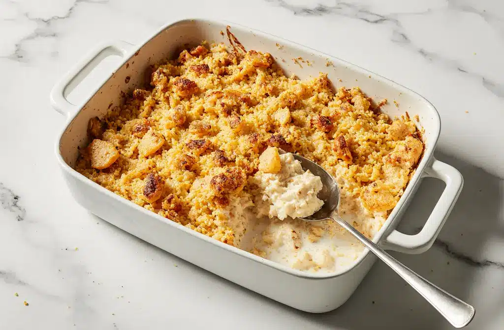 Golden Ritz Cracker Chicken Casserole in ceramic dish