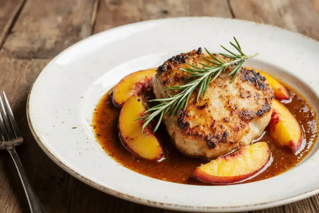 Golden seared chicken meets summer peaches in this irresistible white wine pan sauce
