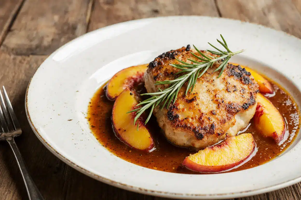 Golden seared chicken meets summer peaches in this irresistible white wine pan sauce