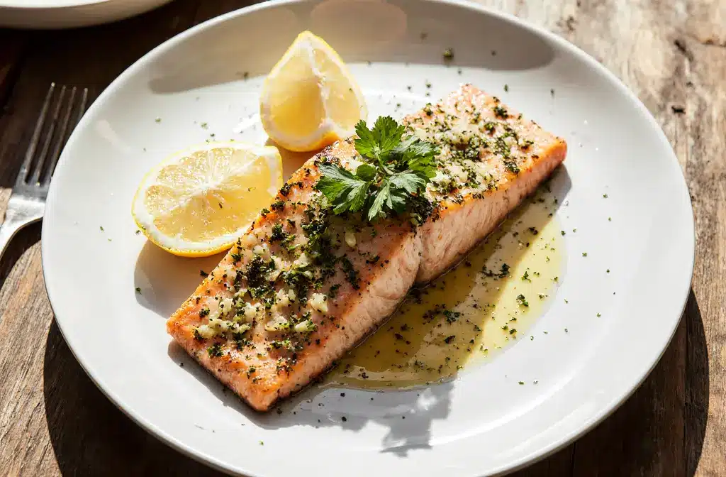 Served Anchovy-Garlic Butter Salmon with Lemon and Parsley Plated Anchovy-Garlic Butter Salmon garnished with fresh lemon wedges and parsley