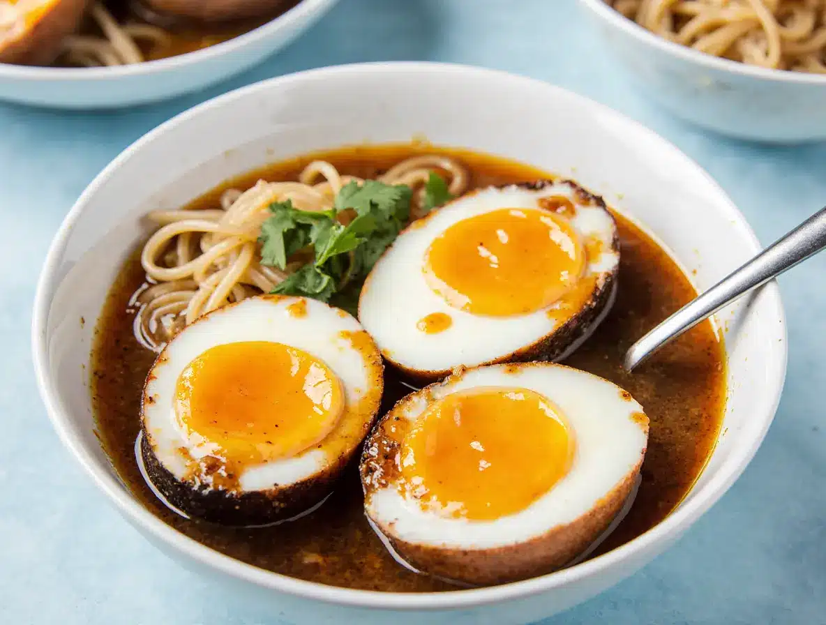 Close-up of soy sauce eggs with jammy yolks in a bowl