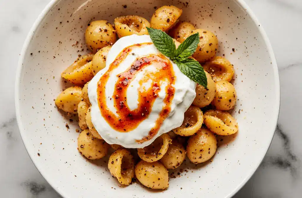A close-up view of a white bowl of Turkish pasta, generously topped with a creamy garlicky yogurt sauce and a vibrant red paprika butter drizzle, garnished with fresh mint.