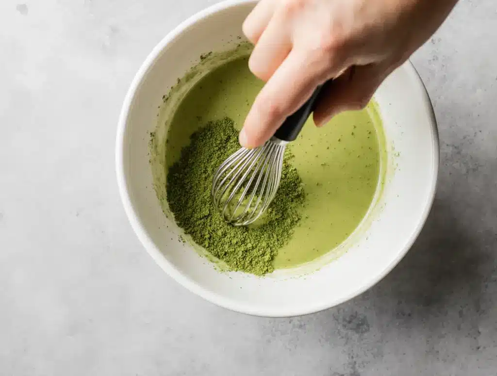 whisking ceremonial matcha powder to create a smooth paste for a homemade matcha tea recipe.