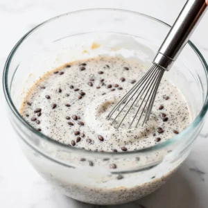 Coconut Chia Seed Pudding: The Ultimate Healthy Dessert Recipe That Actually Works 3 Whisking coconut chia seed pudding mixture in glass bowl showing proper mixing technique for smooth texture