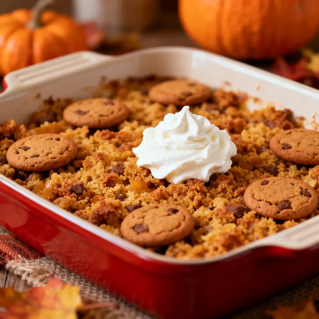 Pumpkin Spice Cookie Dump Cake with Golden Topping and Whipped Cream, Styled for Autumn