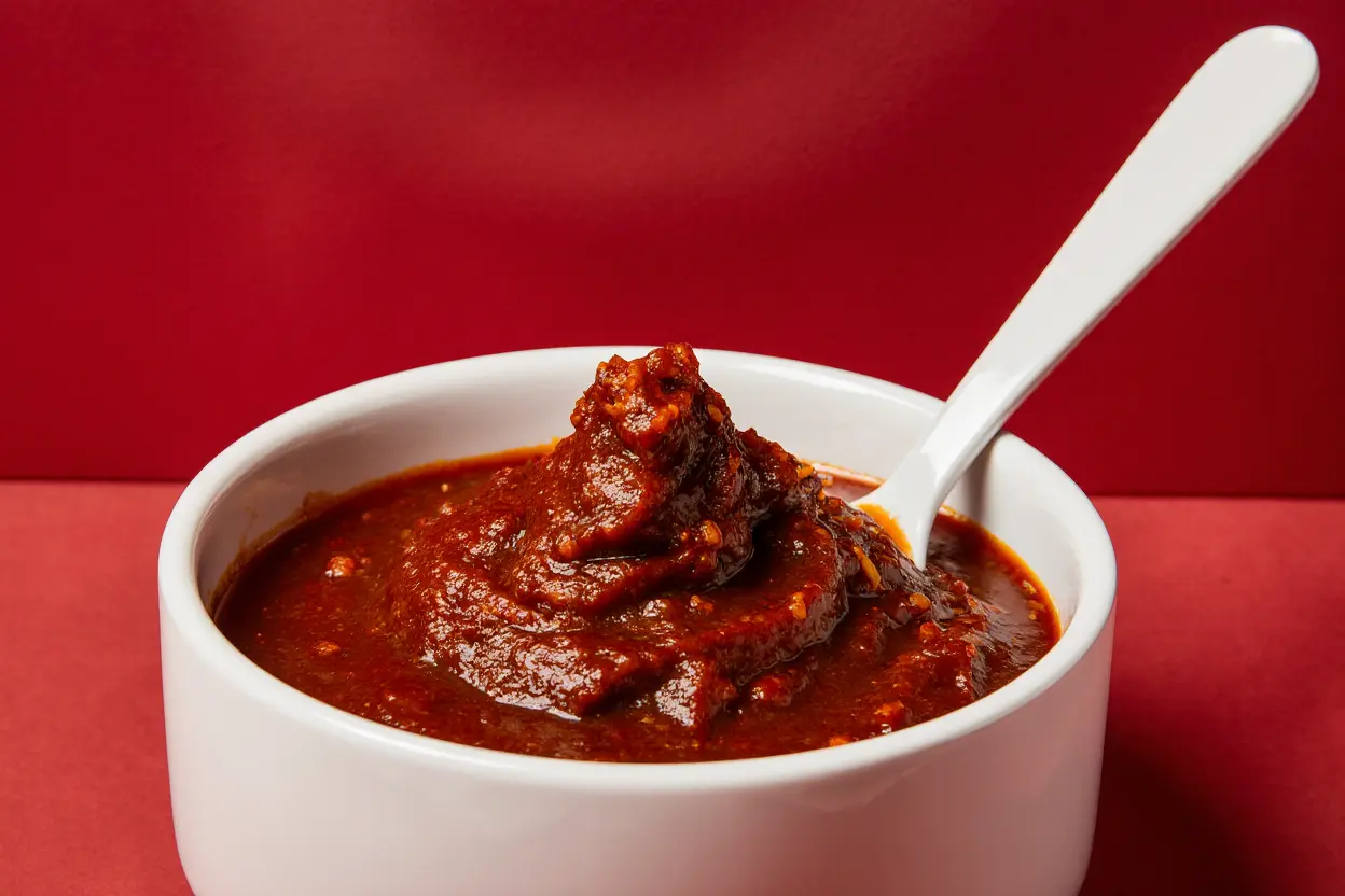 gochujang sauce : red gochujang paste in modern white bowl with spoon