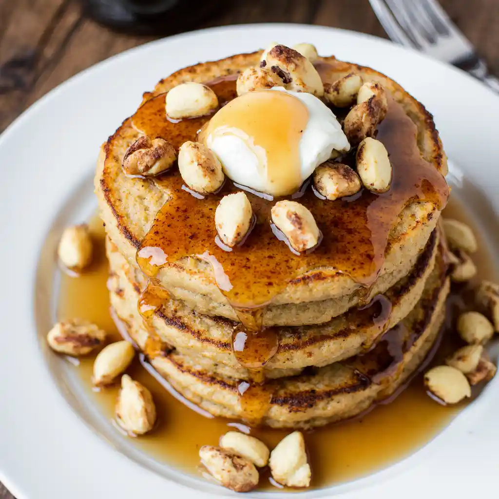 Macadamia pancakes - fluffy golden stack topped with toasted macadamias and maple syrup