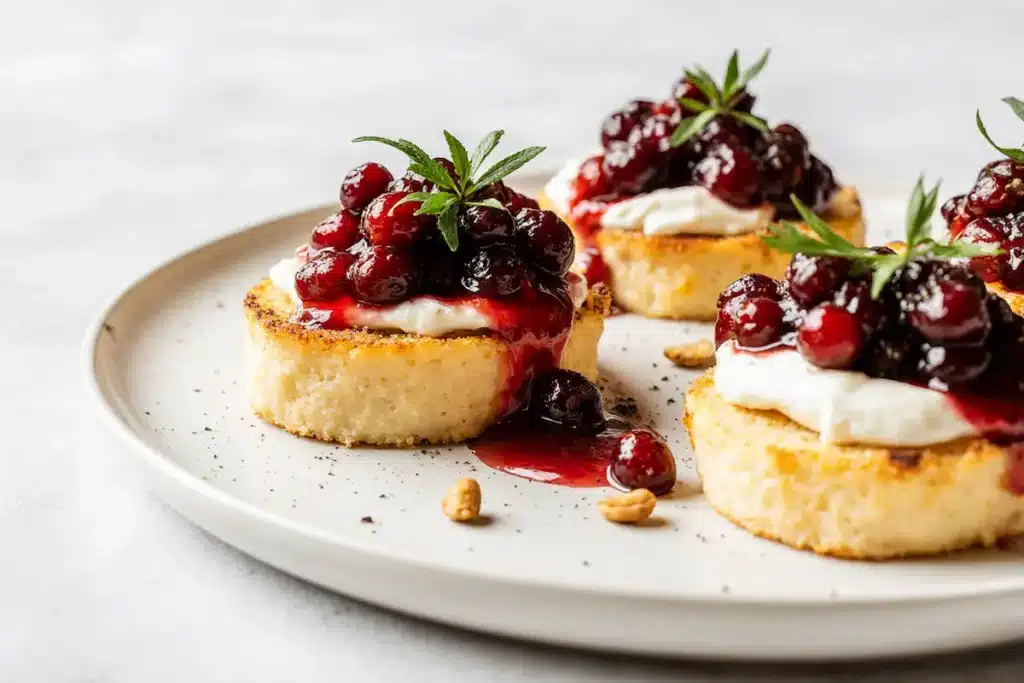 Modern Baked Cranberry Brie Bites on a white plate, garnished with cranberries and herbs