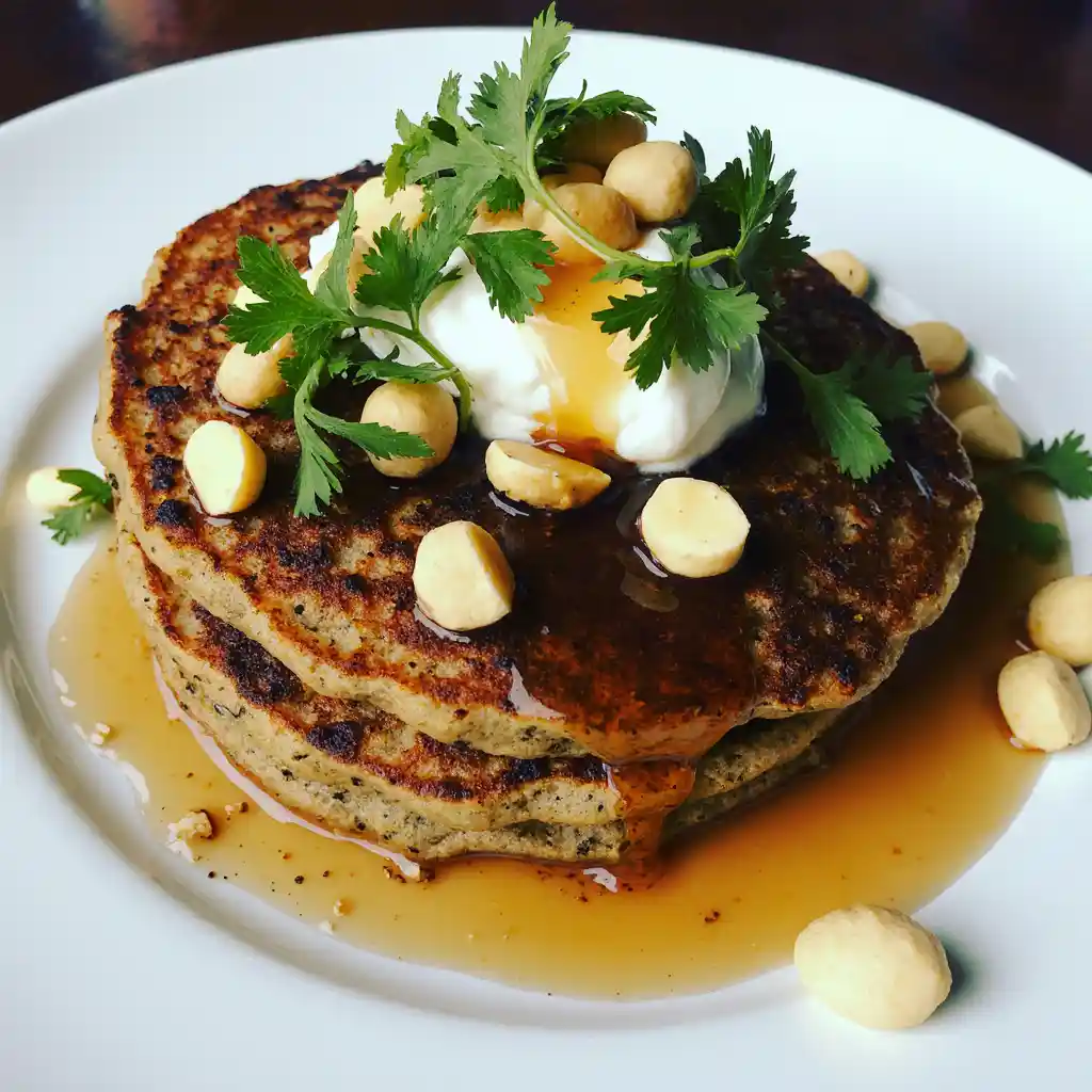 Bushfood Wattleseed Macadamia Pancakes Native Australian pancakes - wattleseed macadamia pancakes with native honey and bushfood garnish