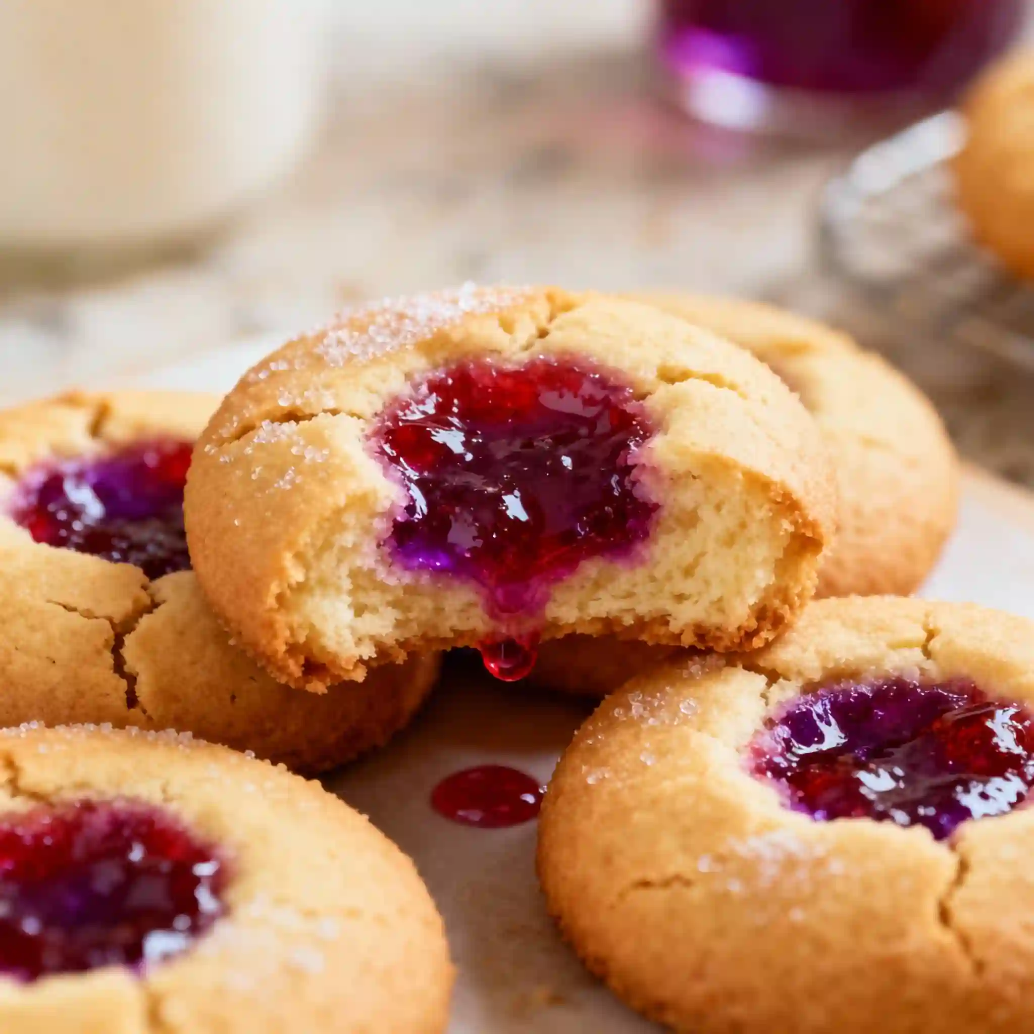 Buttery jam drops biscuit with glossy jam center, classic homemade jam drops