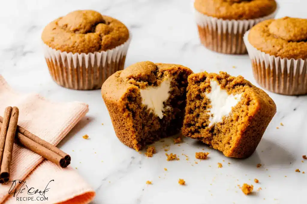 Cheese pumpkin muffins with cream cheese swirl on white background, sliced to show creamy center.