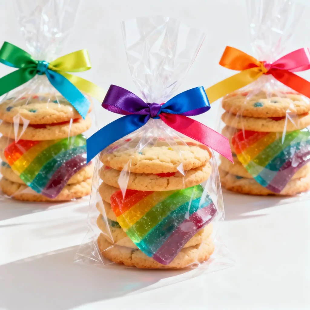Gifting-Rainbow-Jello-Sugar-Cookies Gift bags of Rainbow Jello Sugar Cookies with ribbons