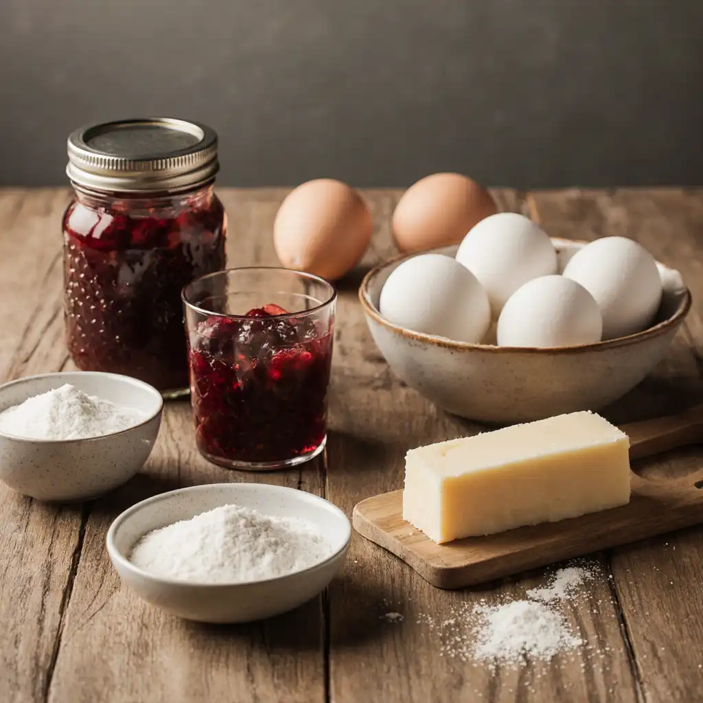 Jam-Drops-Biscuits-Key-Ingredients-Wooden-Table key ingredients for jam drops biscuits including butter, sugar, eggs, flour and raspberry jam