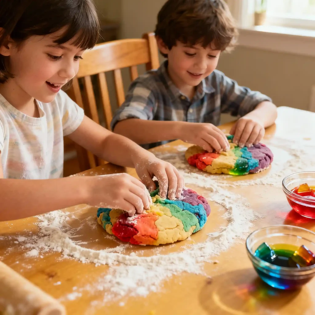 Kids-Creatively-Baking-Rainbow-Jello-Sugar-Cookies Children mixing Rainbow Jello Sugar Cookie dough